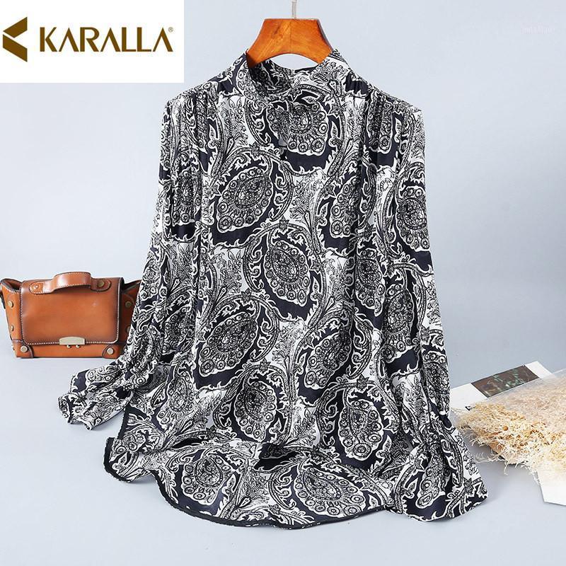 

Women' Blouses & Shirts High Quality 2022 Spring Trumpet Sleeve Silk Printed Shirt Temperament One Button Pullover Top H1200, As pic
