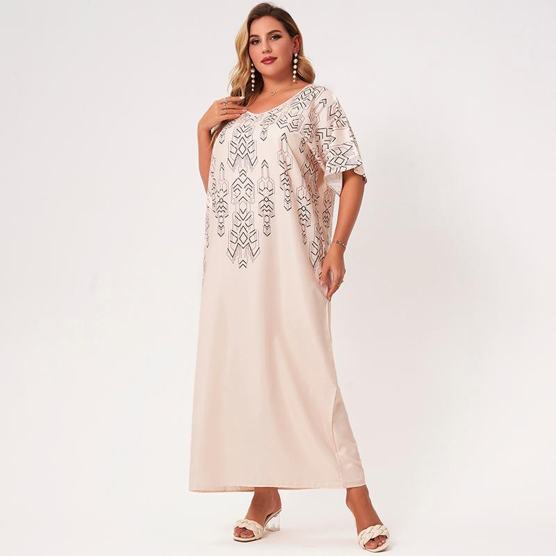

Plus Size Dresses 2022 Summer Maxi Dress Women Apricot V-neck Short Sleeve Loose Retro Geometric Print Casual Elegant Long Robes 4XL, Beige