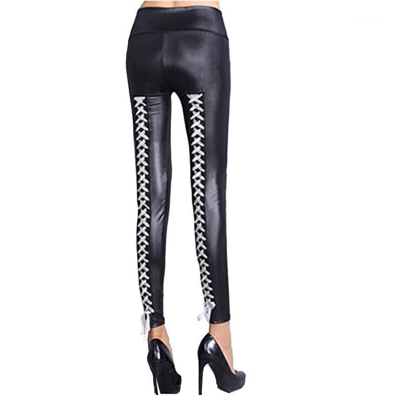 Women's Leggings Sexy Lace-Up Moto Biker Leggins Female Faux Leather Autumn High Waist Elastic Women Legging Bandage Stretch