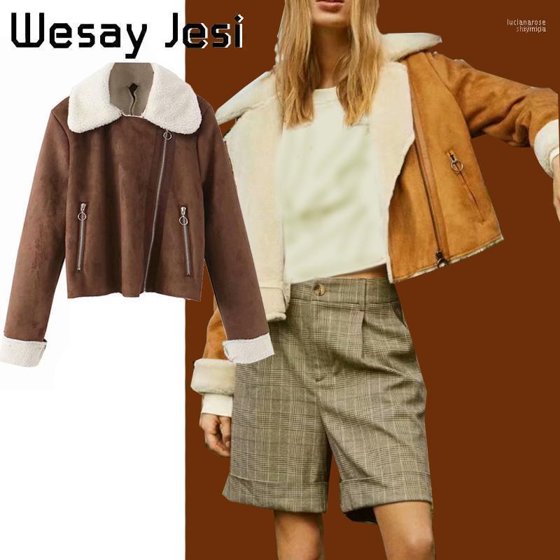 

Women' Down & Parkas 2022 Winter Ladies Oversized Jacket Chic Fur Collar Faux Suede Coat Motorcycle Locomotive Bomber Female Lamb Wool Luci, Brown