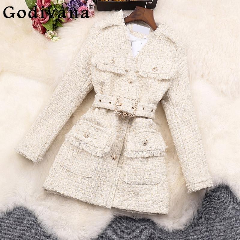 

Women' Wool & Blends Apricot Easy Matching Waisted Tweed Coat Ladies Fashion Tassel Belt For Fmelae 2022 Winter Sequined V-neck JacketWomen