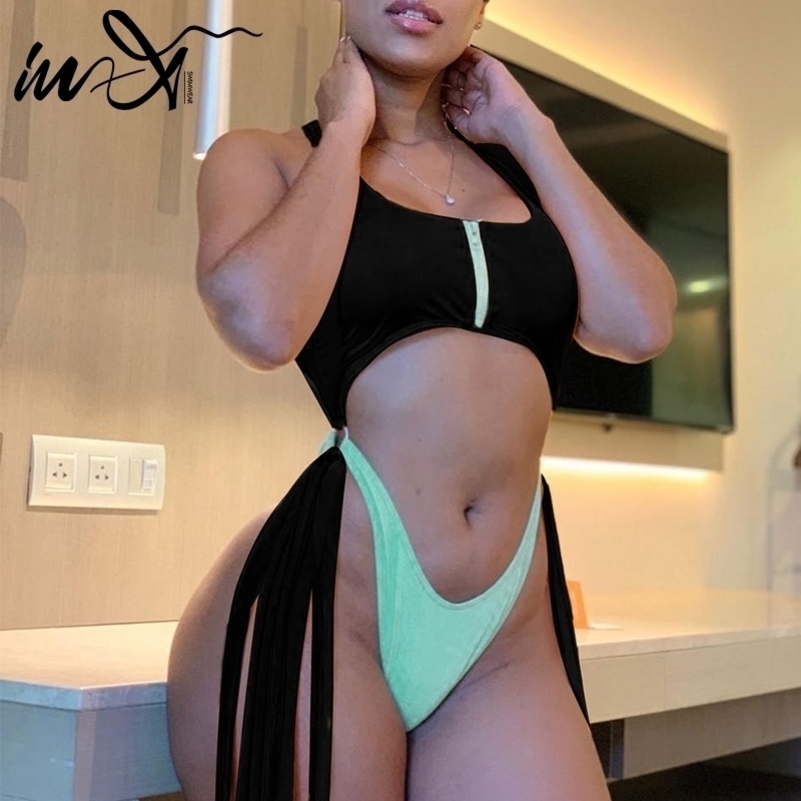 

InX Tassel swimsuit female High cut bikini Zipper sexy swimwear women monokini Hollow out bathing suit Bodysuit Y200910, 1959-3