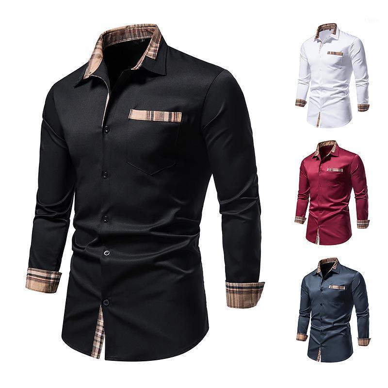 

Men' Dress Shirts Men Shirt Long Sleeve Blended Fashion Four Seasons Buttons Plaid Print Pocket Lapel Collar Business Slim Formal, Black