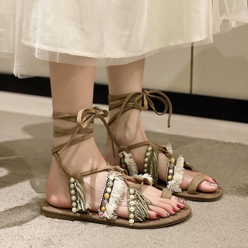 

Sandals Women Gladiator Ethnic Bohemia Tassel Flats Ladies Summer Bead Cross Tied Shoes Female FootwearSandals, Black