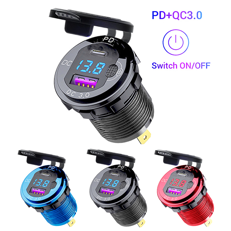 

Aluminium Car Motorcycle USB Charger Socket Type C QC3.0 Quick Charge 12V/24V Waterproof with Voltmeter Switch