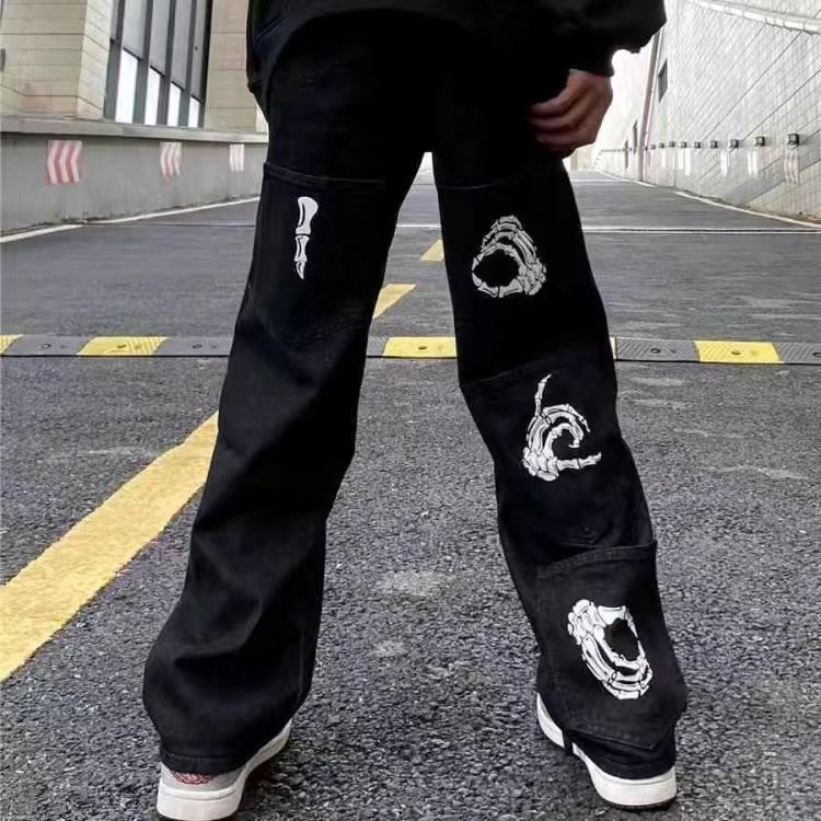 

Men's Jeans Retro Embroidered Denim Trousers Men Y2K Men's High Street Wide Leg Pants Loose Casual Letter Patch MenMen's 5O, 001