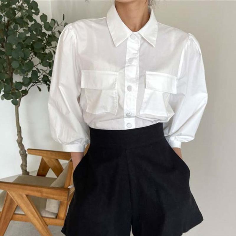

Women's Blouses & Shirts HziriP High Street Pockets 2022 Vintage Mujer Loose Tops Autumn Solid All Match Elegant Pure Color OL Short Sleeves, White