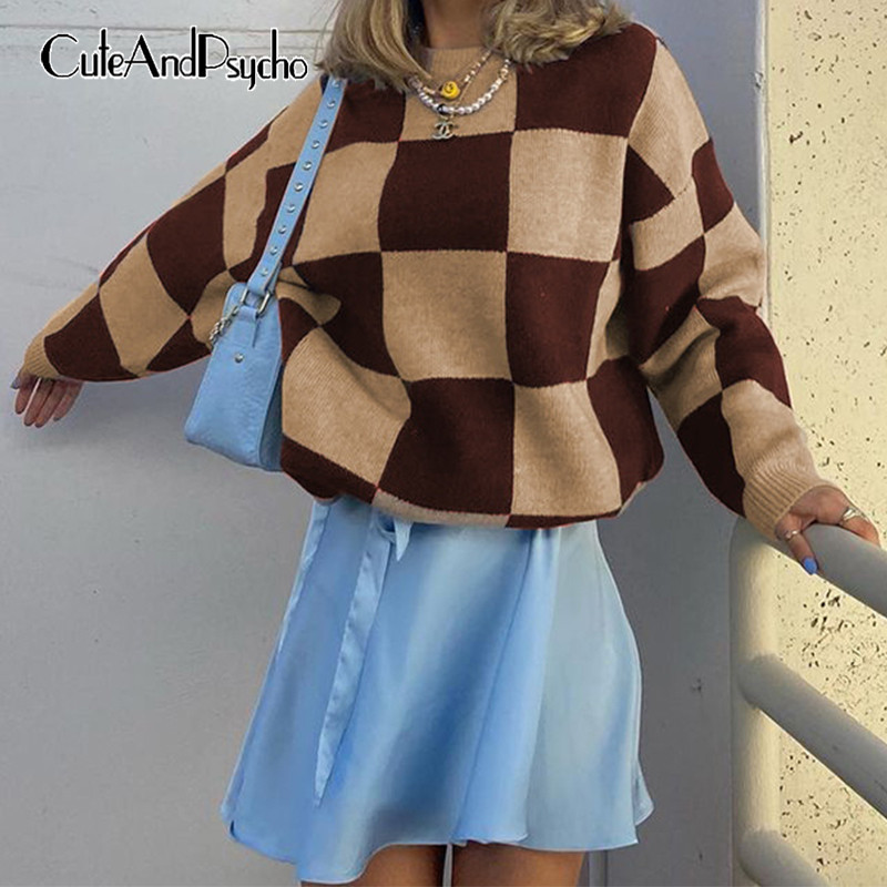 

Plaid Print Grunge Knit Sweaters Streetwear Loose Patchwork Cute Pullovers Autumn Fashion Aesthetic Knitwear Cuteandpsycho 220816, Auburn