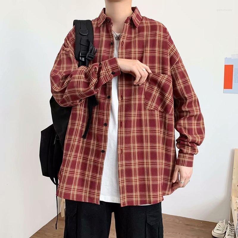 

Men's Dress Shirts Autumn Long Sleeve Plaid Shirt Boys Korean Hip Hop Handsome Casual Chic Coat Quin22, Beige