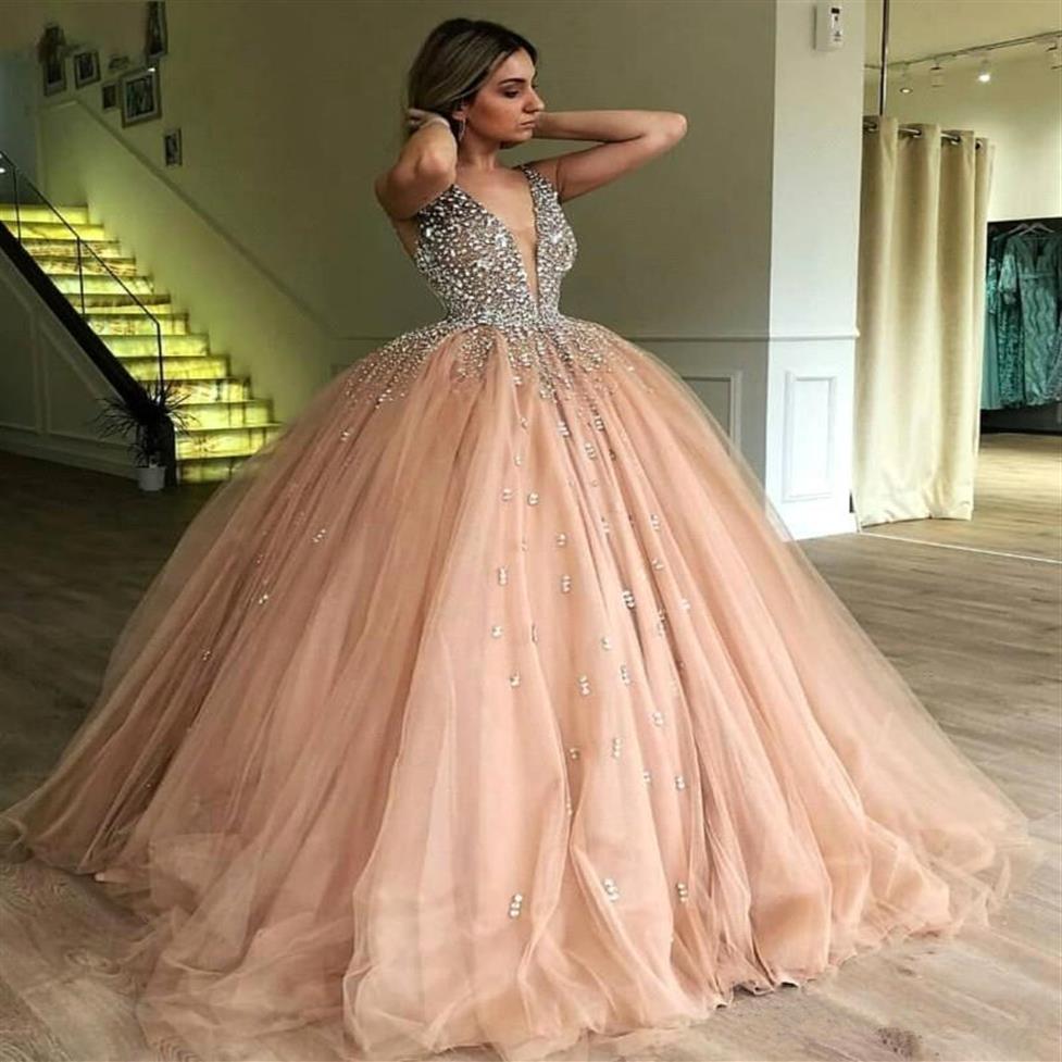 

Elegant Deep V Neck Tulle Quinceanera Dresses 2019 Beaded Stones Top Floor Length Ball Gown Princess Formal Party Prom Dresses303D, Orange