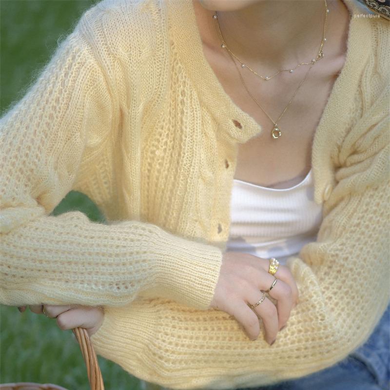 

Women's Knits & Tees Limiguyue Women Mohair Knitted Cardigan Single-breasted Autumn Loose Knit Tops Casual Yellow White Long Sleeve Sweaters