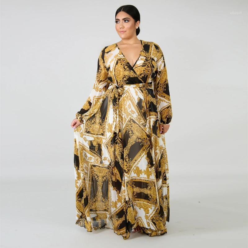 

Casual Dresses Summer -5XL Chiffon Fashion Print Plus Size Dress Women Long Sleeve V-neck Bodycon Sexy Woman, D5511