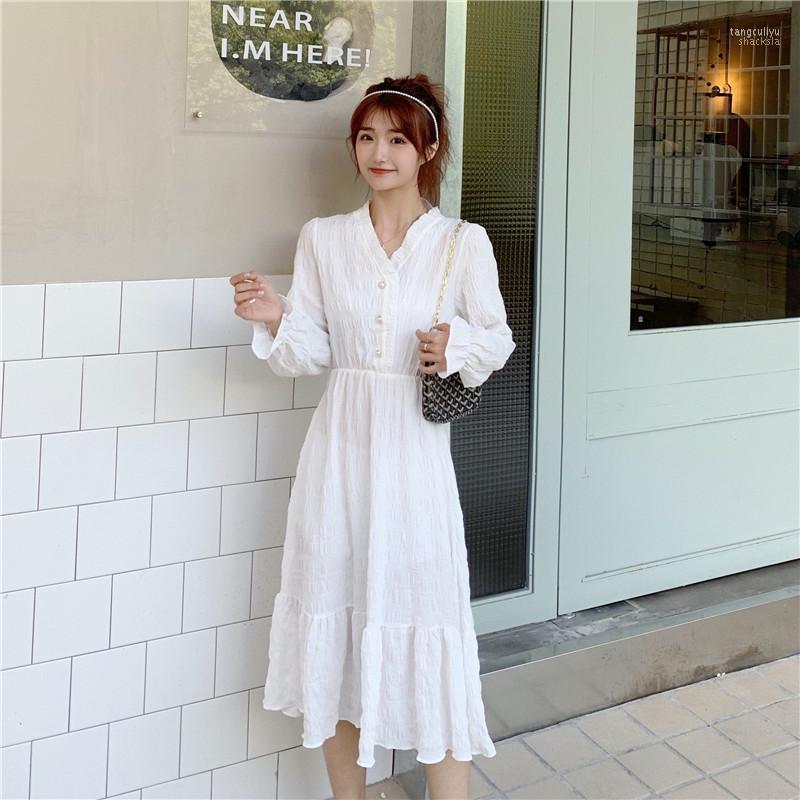 

Korean Woman Dress 2022 Spring Long Sleeves V Neck Women Dresses Pearl Solid Red Black White Causal Female Robe Casual