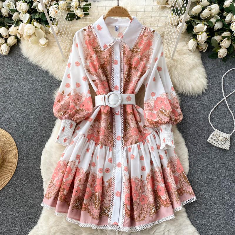 

Casual Dresses Runway Desigher Embroidery Hollow Out Lace Trims Stitching Flower Print Dress Women Lantern Sleeve Mini Vestido With SashesCa, Blue