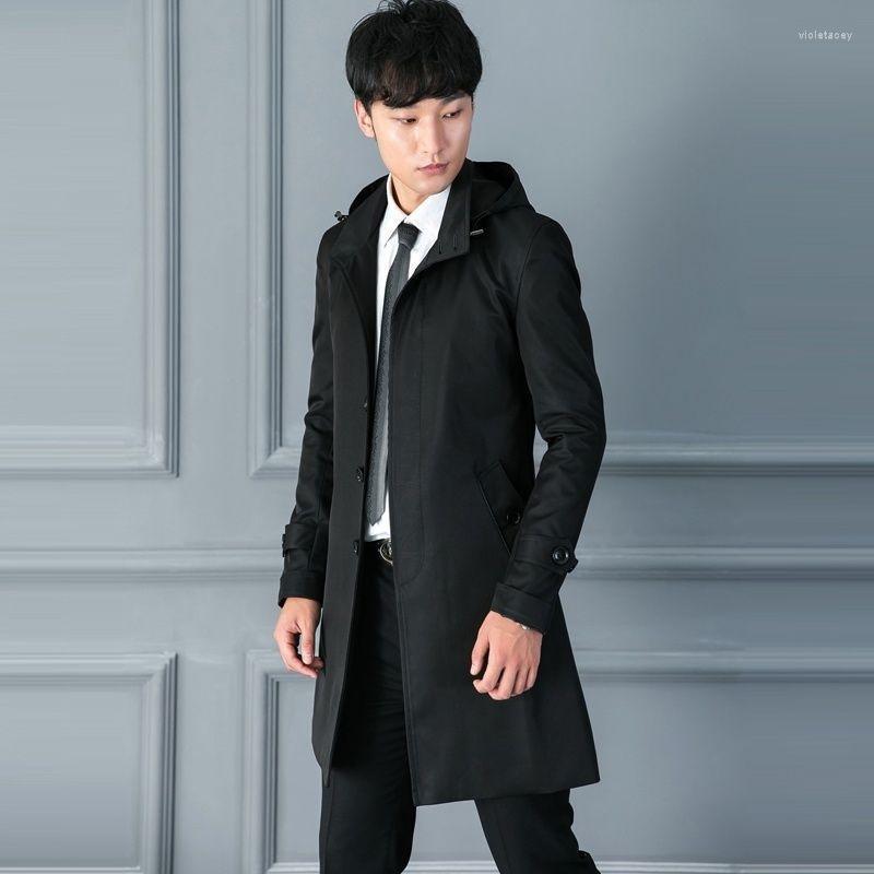 

Men's Trench Coats Men 's Duster Spring And Autumn British Style Slim -Fit Mid-Length Hooded Single- Breasted Black Top Viol22