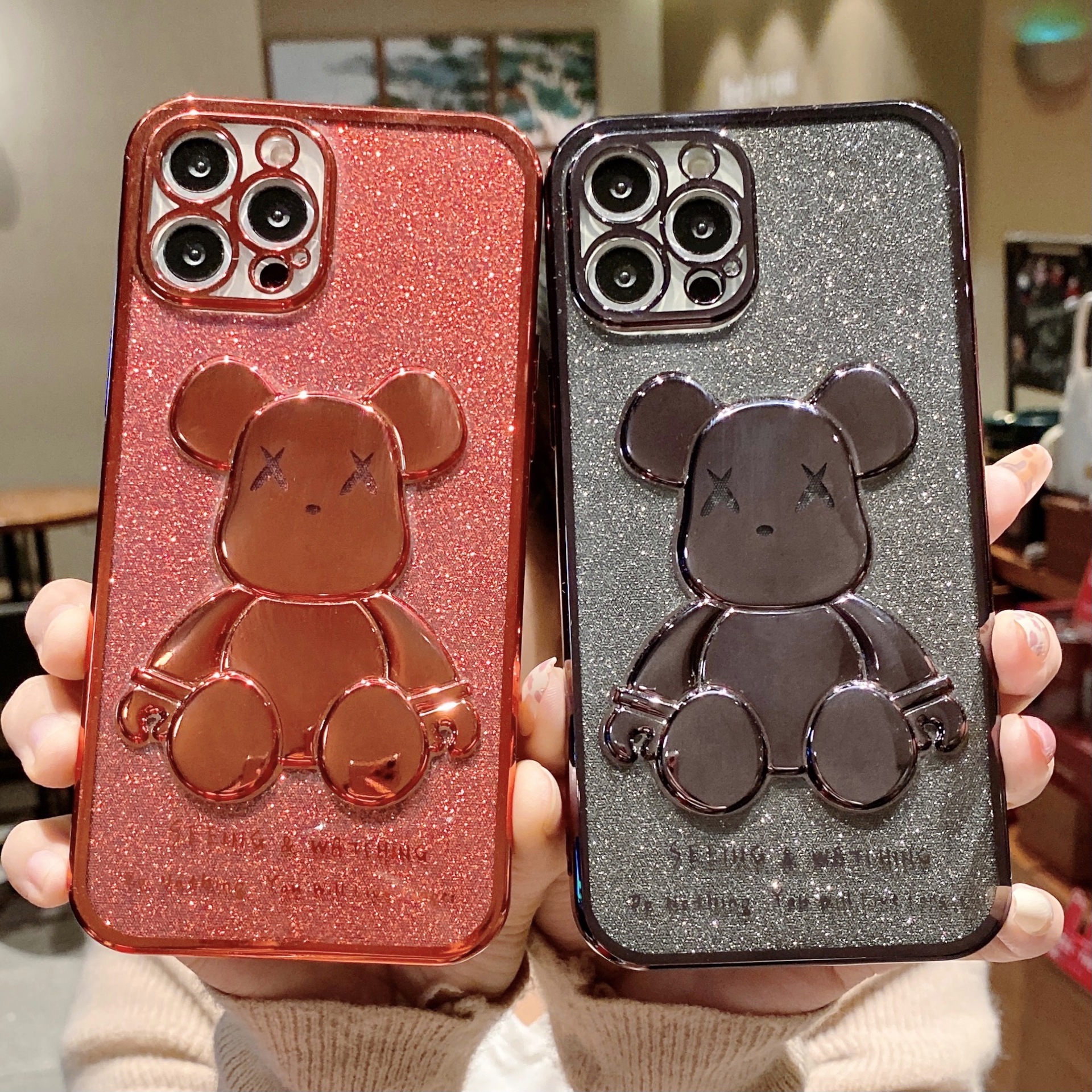 

Luxury Glitter Violent Bear Phone Cases Case for iPhone 11 12 13 Pro Max X Xs Xr 7 8 Plus SE 11Pro 13Pro Designer Electroplate Clear Cover, Mixed color