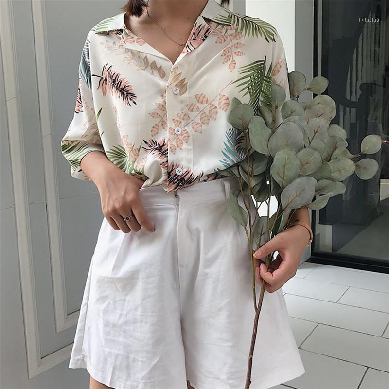 

Women Casual Chiffon Blouses Summer Hawaiian Bohe Floral Short Sleeve Turn-down Collar Loose Shirts Korean Style Women's &, White 2