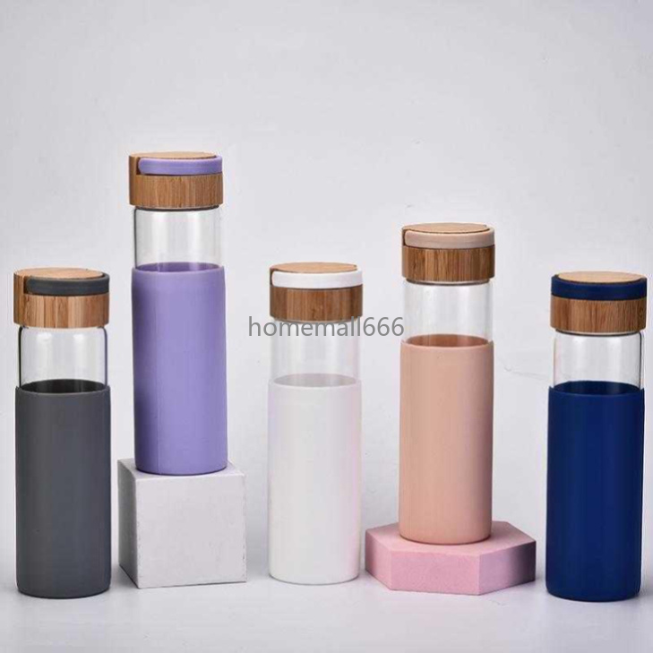 

Borosilicate Glass 520ml Water Bottles Bamboo Lids and Silicone Sleeve Leak Proof Sports Outdoor Water Bottle Seaway AA, As picture