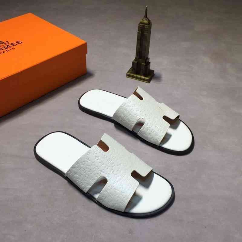 

Herme Men's Slippers Aiqichao Breathable Beach H-brand Leather Men's Large Leather Flip Flop in Summer, White