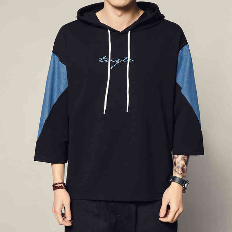 

Spring and summer men's round neck 9 / 4 sleeve hooded fashion brand casual loose T-shirt, White