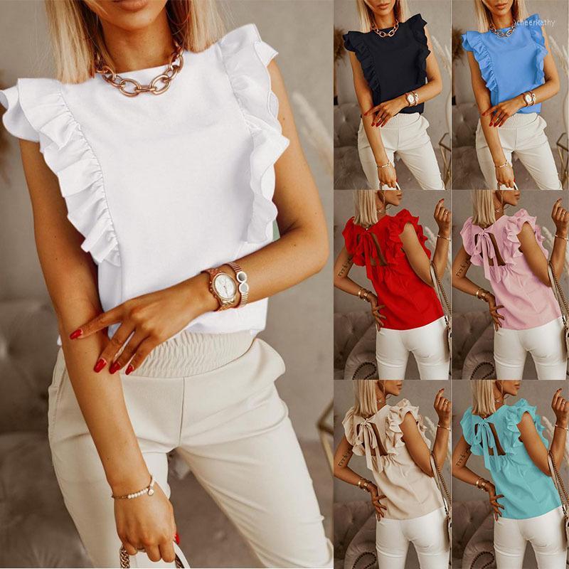 

Women' Blouses & Shirts Summer Women Blouse Loose O-Neck Chiffon Shirt Female Short Sleeve Casual Solid Ruffle Batwing BeachWomen' Chee22, Green