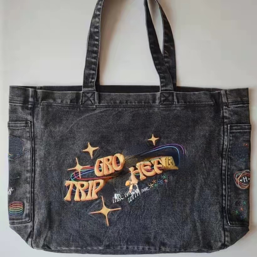 

Embroidered Casual Large Capacity Canvas Bag, Black