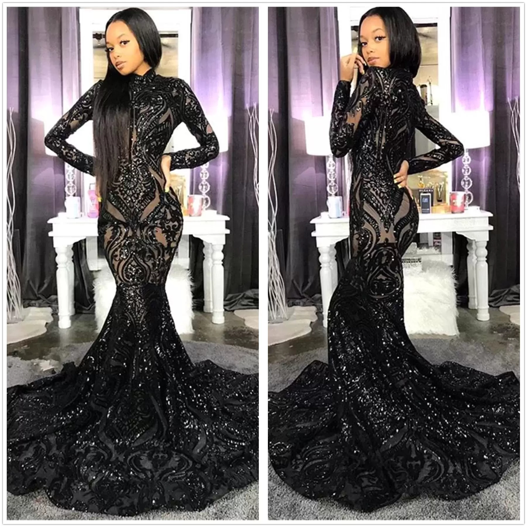

Black Sparkling Sequins Mermaid Prom Dresses High Neck Illusion Long Sleeves Sweep Train Formal Party Evening Gowns, Champagne