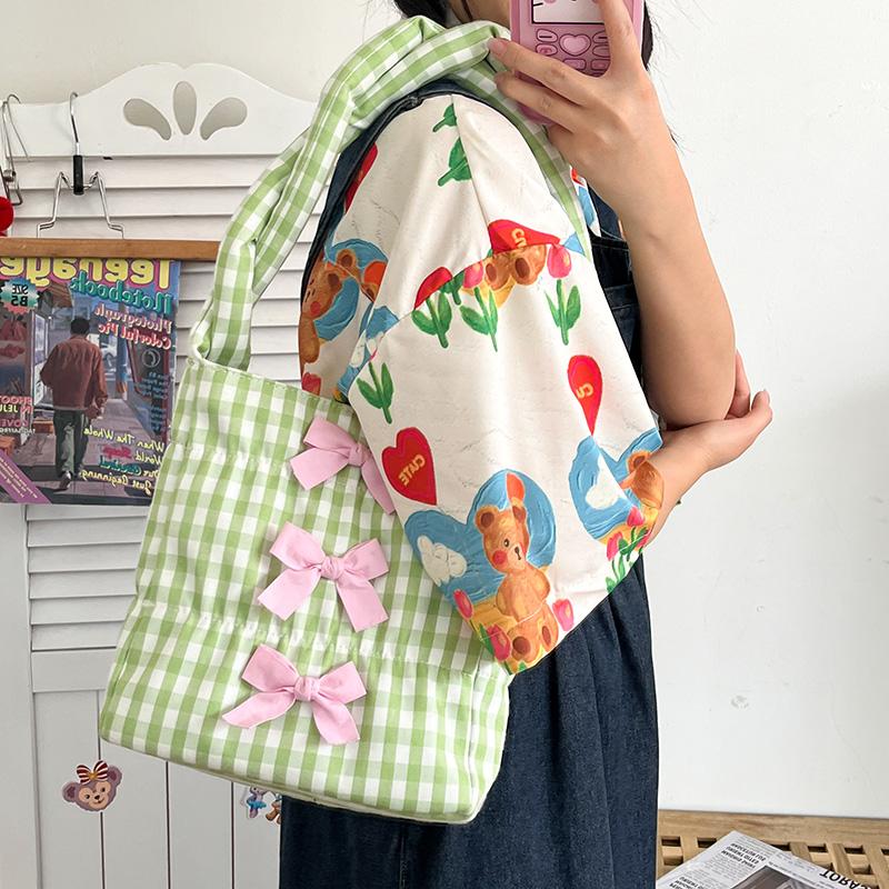 

Evening Bags Japanese Candy Color Sweet Handbags For Women 2022 Fashion Bow Plaid Shoulder Bag Female Totes Small Shopping Bento PackEvening, Black