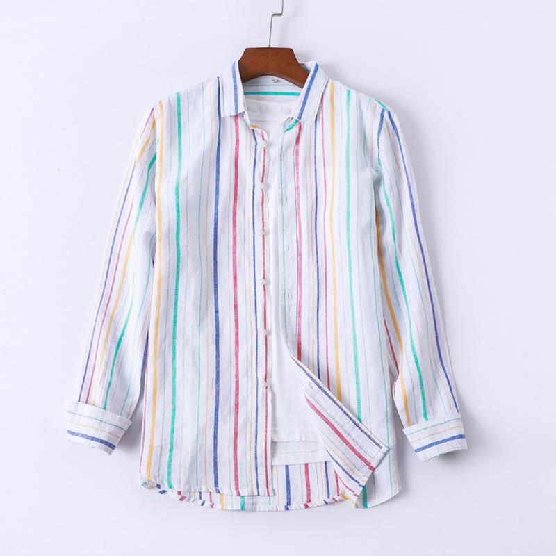 

Men' Casual Shirts Autumn Man' Shirt Japanese Style Linen Fabric Multicolor Striped Long Sleeves Breathable Male Tops Coats High Quali, B051 white