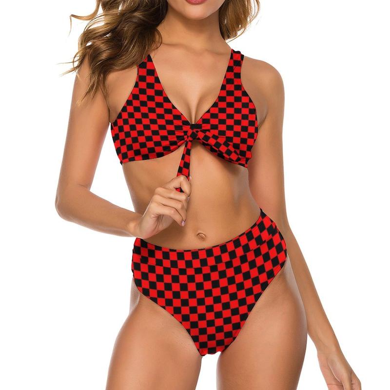 

Women' Swimwear Sexy Simple Checkerboard Bikini Swimsuit Red Black Checkered Elegant High Waist Pattern Set Push Up Bathing SuitWomen, Style-1