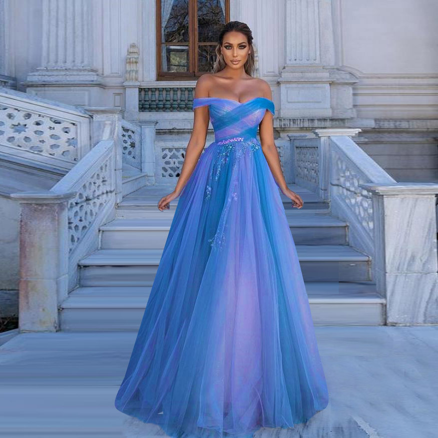 blue Mermaid Lace Prom Dresses Sheer Chiffon Evening Gowns off shoulder Long Celebrity Red Carpet Dresses rainbow special party gowns