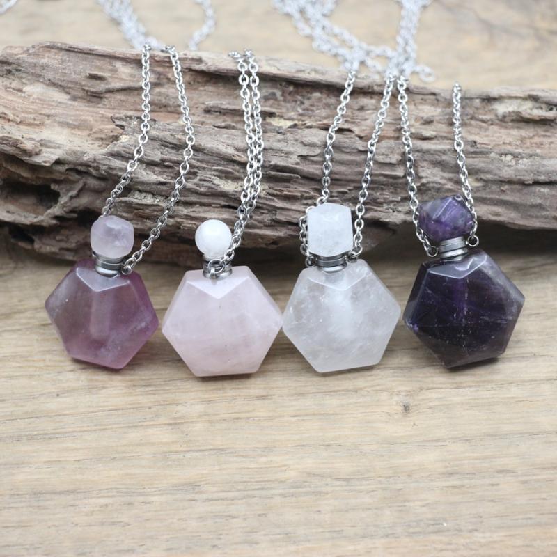 

Pendant Necklaces Hexagon Slab Natural Crystal Essential Oil Vial Pendants Necklace Rose Quartzs Perfume Bottle Charms Choker Jewelry QC1050