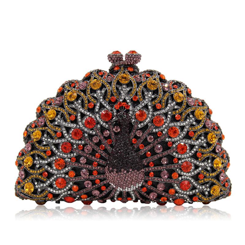 

Evening Bags Luxury Yellow/Red/Pink Rhinestone Clutch Purse Fashion White Crystal Hollow Out Peacock Women Female HandbagsEvening, 24