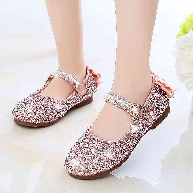 

Girls Crystal Shoes Children Princess Flats Kids Leather Shoes for Wedding Party Rhinestone with Bowtie Dress Shoes Elegant Chic G220418, Gold