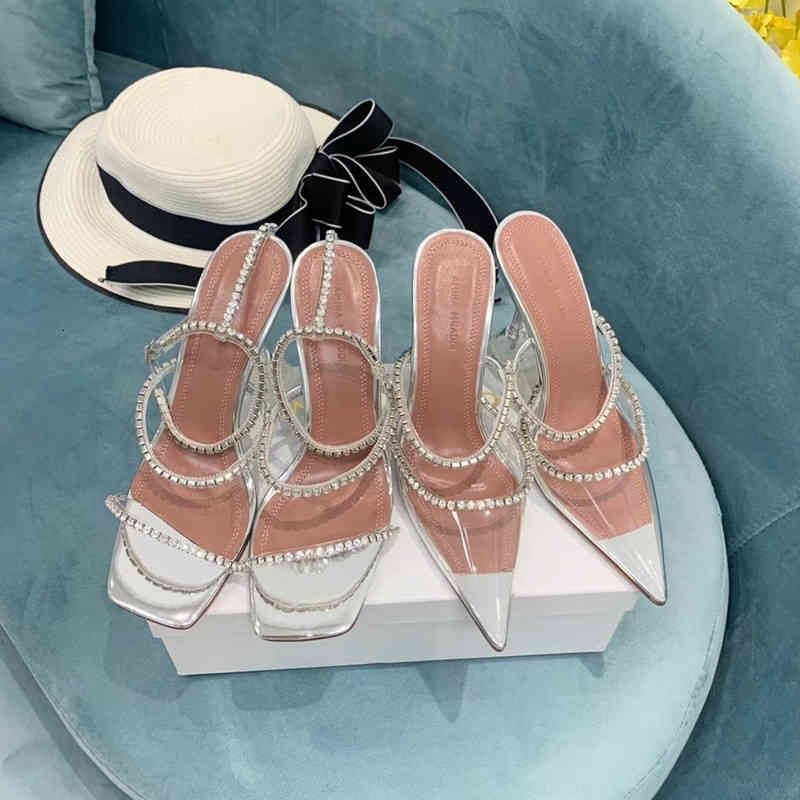 

Dress Shoes Spring and summer Amina muadi PVC transparent diamond horseshoe heel women's sandals leather high-heeled slippers, 2# shoe box
