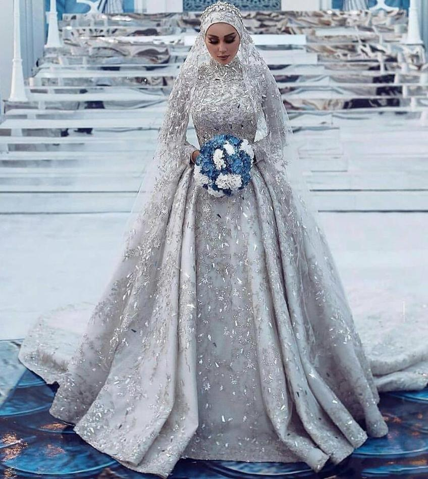 

Luxury Muslim Wedding Dresses Long Sleeve Lace Crystal Beading Diamond Pearls 2022 New Design Formal Bridal Gowns sxa24, Ivory