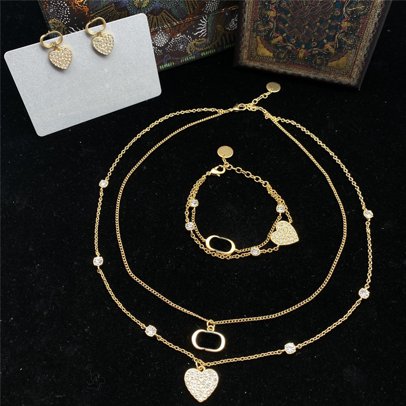 

Love Rhinestone Earrings Necklace Double Metal Chains Necklaces Letter Crystal Jewelry Sets Diamond Heart Shaped Bracelet, As pic