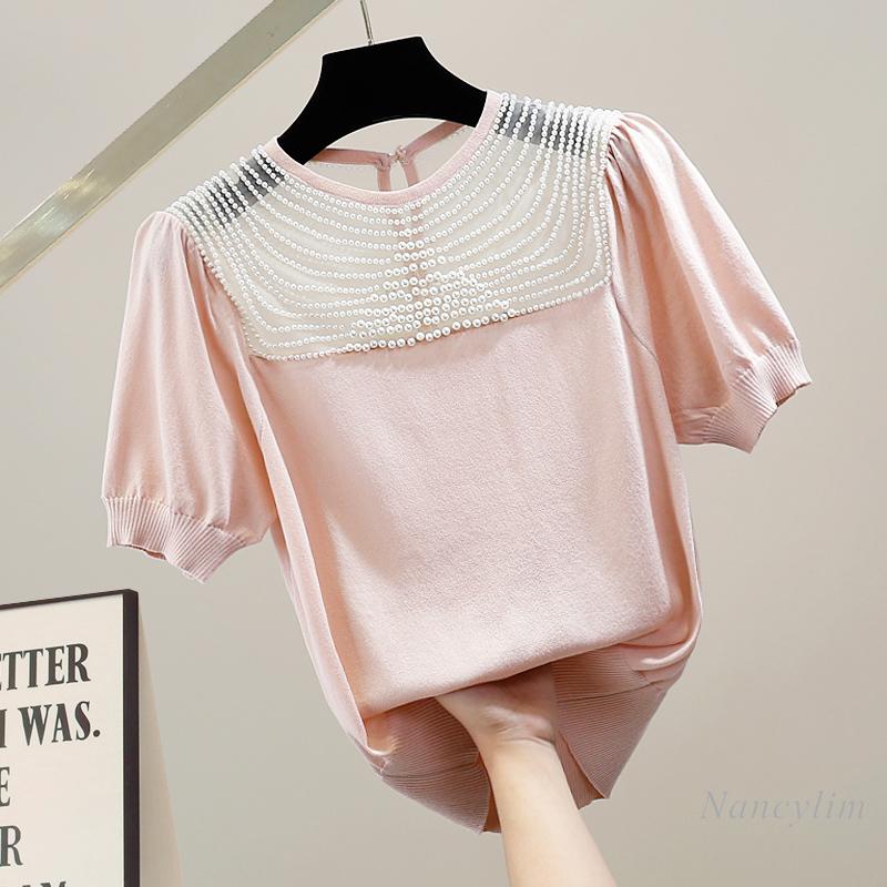 

Women's T-Shirt Summer Top Femme Manual Beaded Mesh Patchwork Round Neck See-through Sexy Ice Silk Short Sleeve Knitwear T ShirtsWomen's, Black