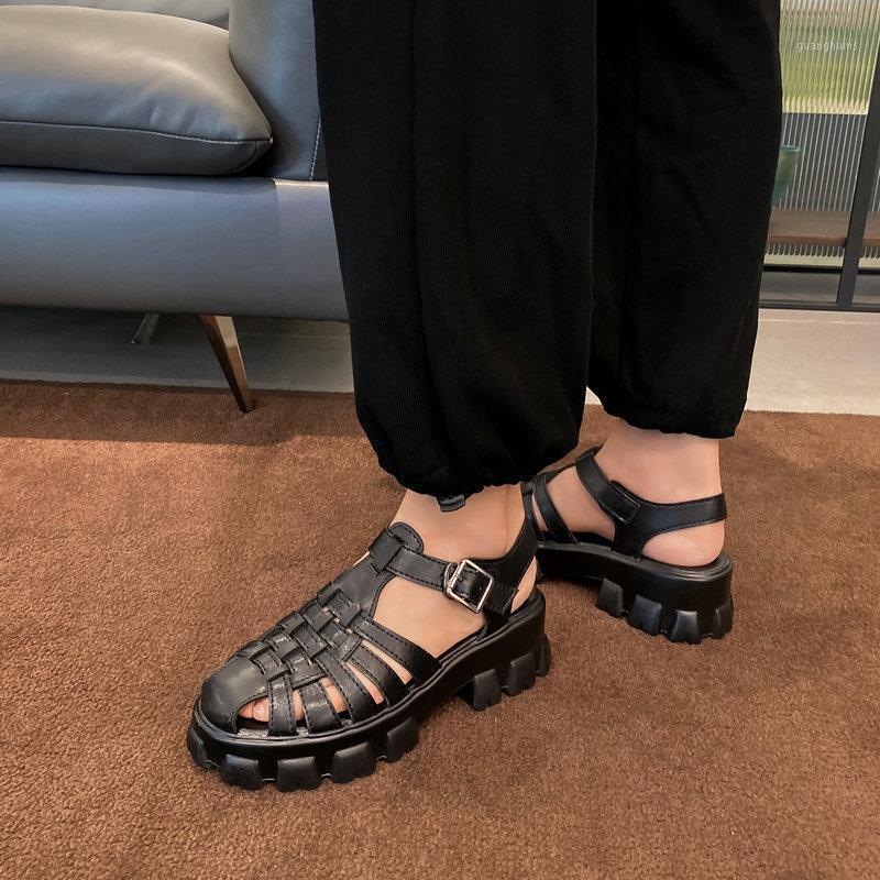 

Sandals 2022 Gladiator Platform Thick Heels Women Shoes Ankle -strap Buckle Gothic Style Black Female Big Size 29-46