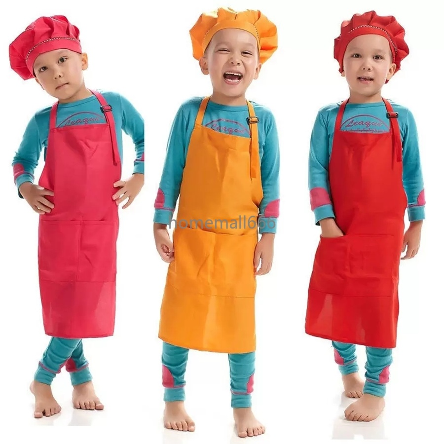 

Printable customize LOGO Children Chef Apron set Kitchen Waists 12 Colors Kids Aprons with Chef Hats for Painting Cooking Baking AA