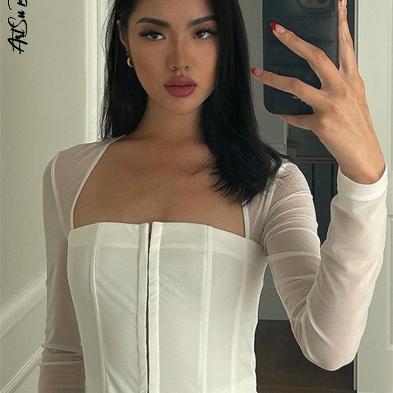 

Mesh Top Women Long Sleeve Crop Square Neck T Shirt Fairy Grunge Solid White Hook Eye  Sexy Brown Tee Shirt Y2K Clothes 220728, Purple