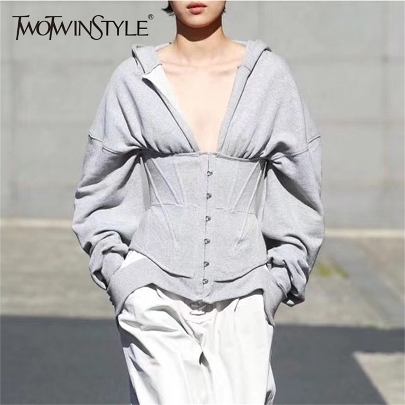 

TWOTWINSTYLE Spring Sweatshirts For Womens Hoodies Long Sleeve V Neck High Waist Slim Sweatshirt Tops Female Fashion 201216, Gray sweatshirts