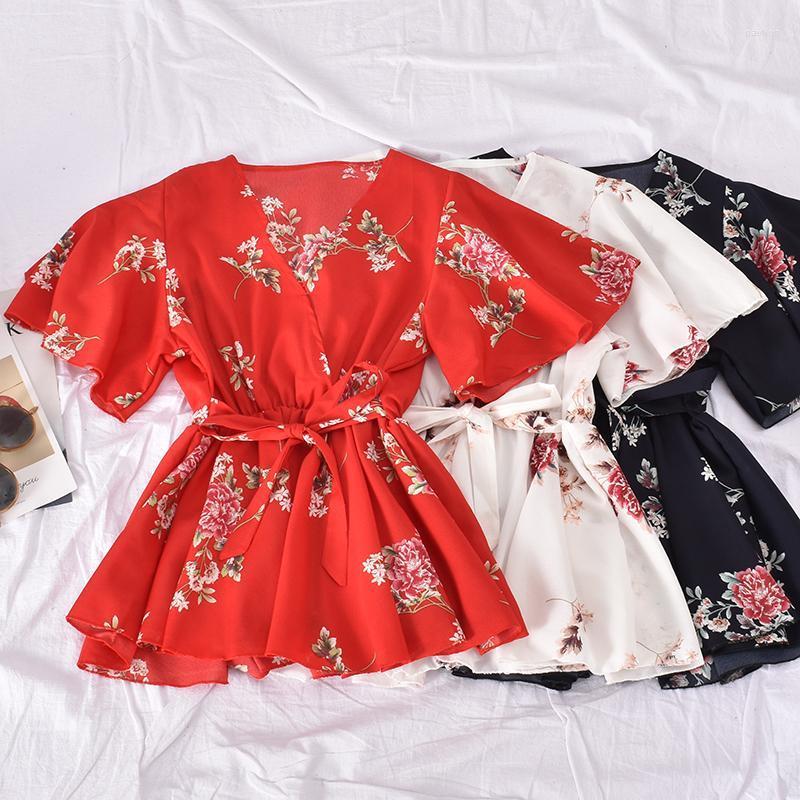 

Women's Blouses & Shirts Summer Women Half Sleeve Elastic Waist Sweet Chiffon Floral Casual Beach Ladies Fashion AttireWomen's, Black