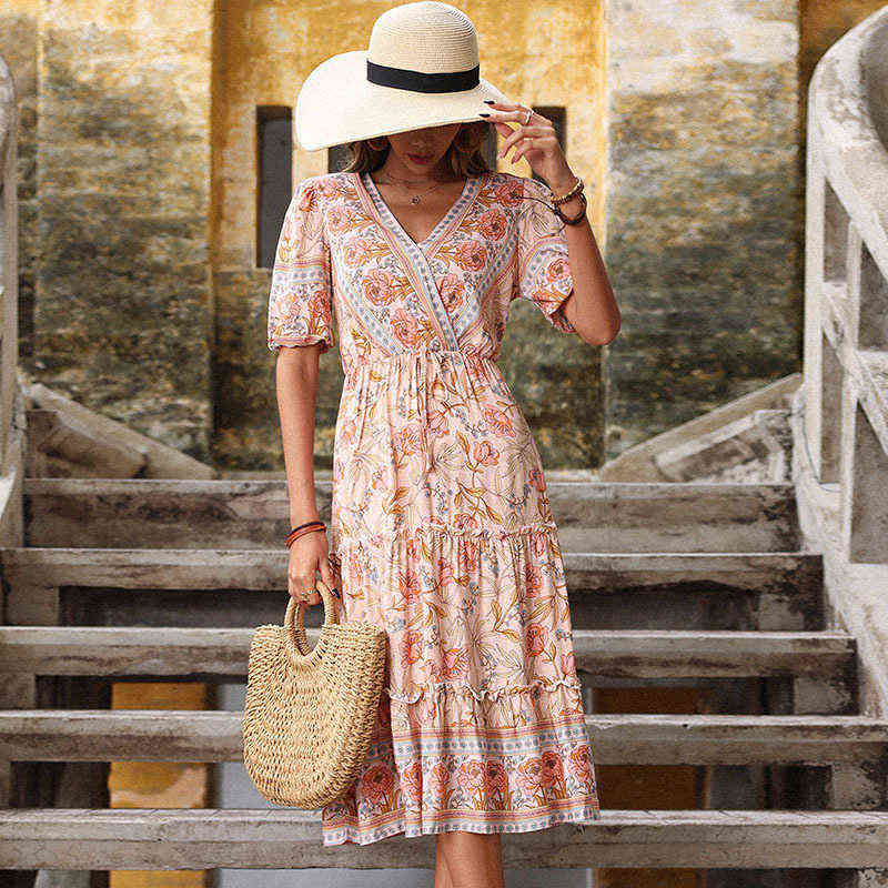 

JENNER] Women' summer new fashion holiday style women' print v-neck mid-length bohemian dress breathable G220418, Picture color