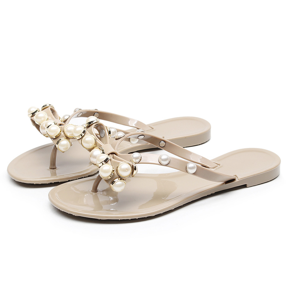 

Popular Flower Beaded Herringbone Ladies Slippers Flat Bottom Non-Slip, Pink