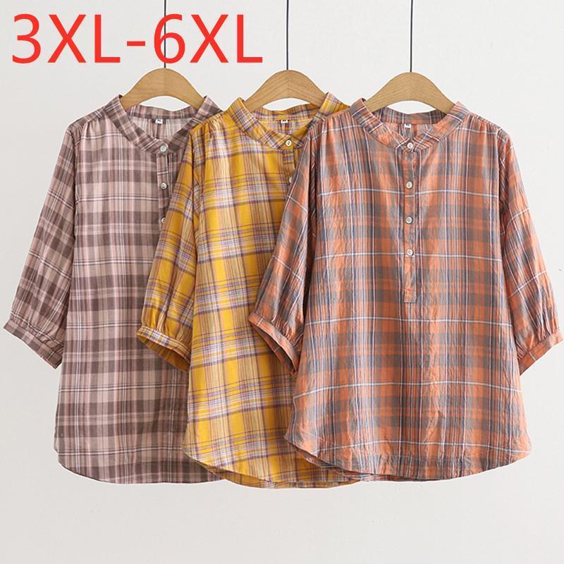 

Women's Blouses & Shirts 2022 Ladies Spring Summer Plus Size Tops For Women Large Blouse Half Sleeve Loose Casual Cotton Plaid Shirt 3XL, Yellow