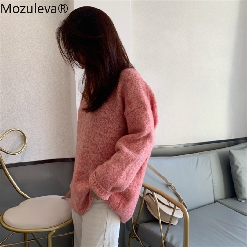 

Mozuleva Vintage Loose Thicken Warm Pullover Sweater for Women Autumn Winter O-neck Full Sleeve Solid Knitted Jumpers Femme 201204, Peach pink
