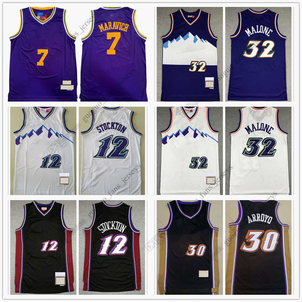 

Retro Mitchell and Ness Basketball Jerseys Maravich 7 Pete Stockton 12 John Arroyo 30 Carlos Malone 32 Karl Blue White Black High Quality Jersey Size --XXL, As picture (with team logo)