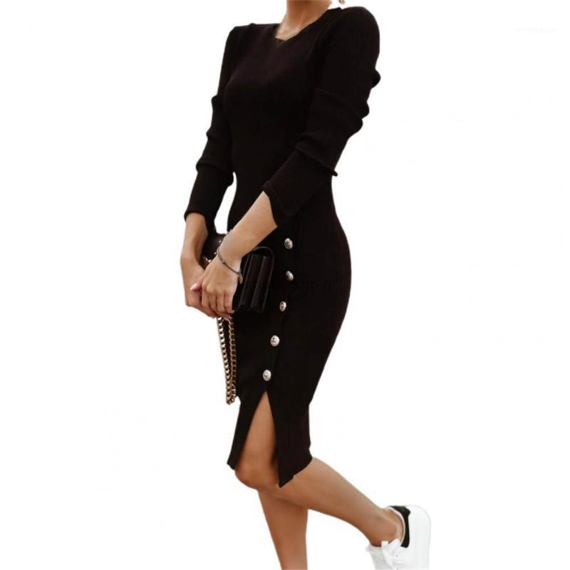 

Casual Dresses Knitted Dress Solid Color Side Split Autumn Round Neck Buttons Sexy, Khaki