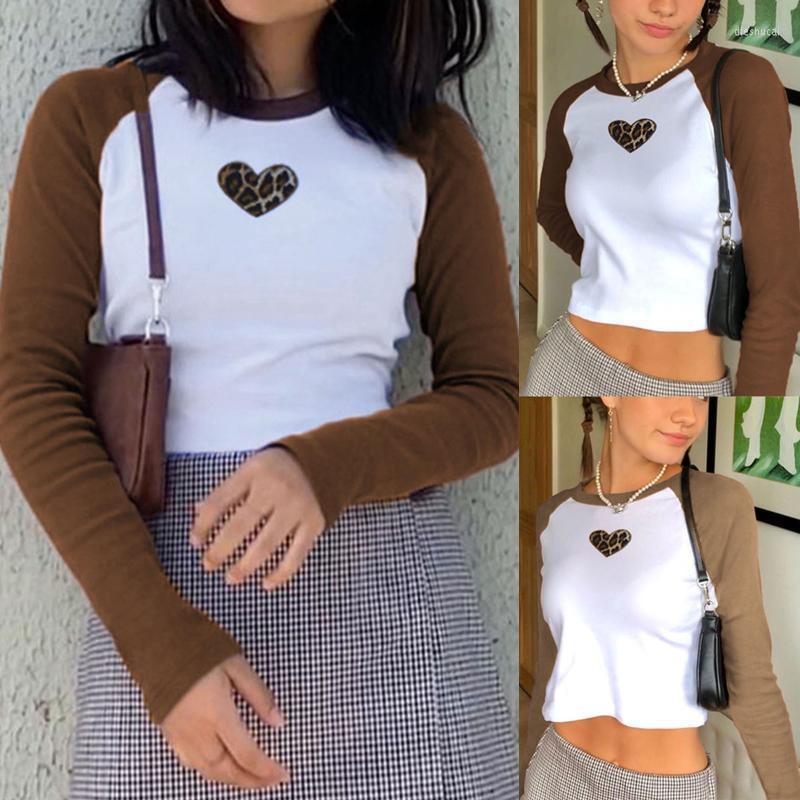 

Women' T-Shirt Solid Print Long Sleeve Top Women Tops Casual Leopard Love Splicing O-Neck Cute And Fashionable, Brown